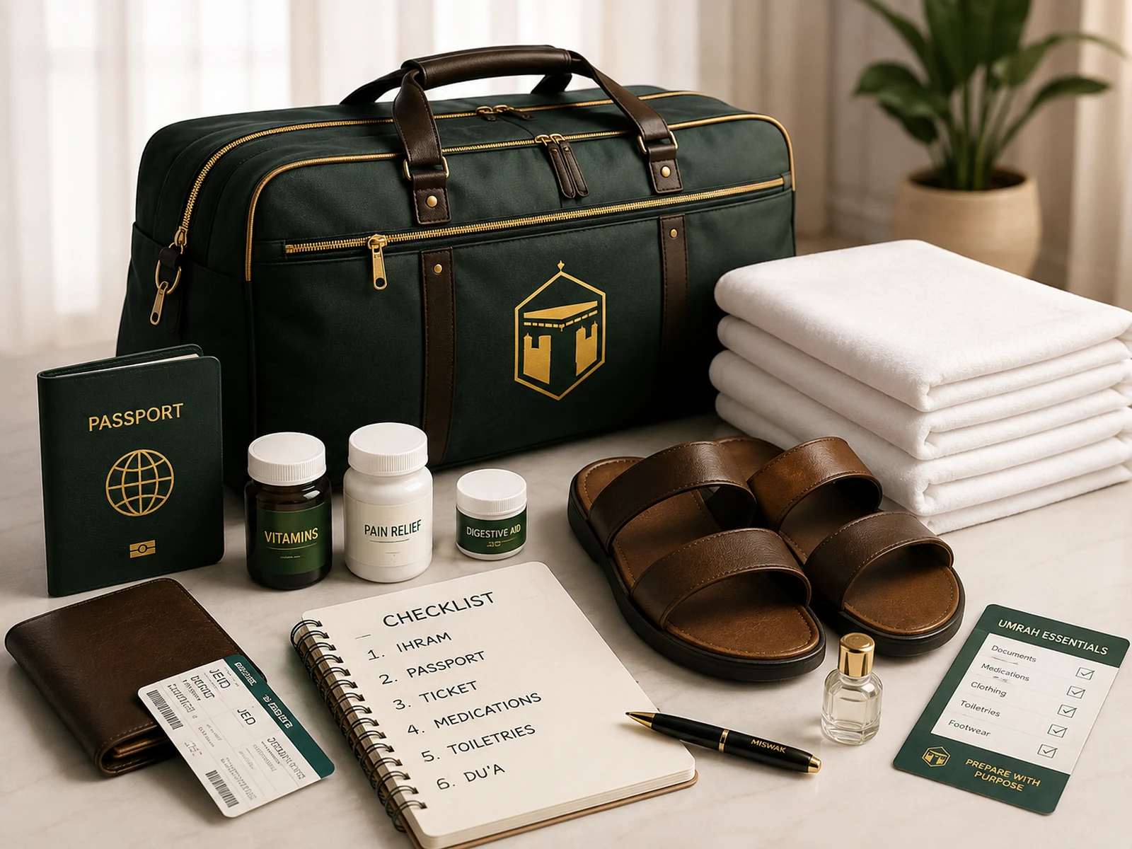Umrah travel preparation essentials including documents, medicine, Ihram clothing, sandals and a travel bag