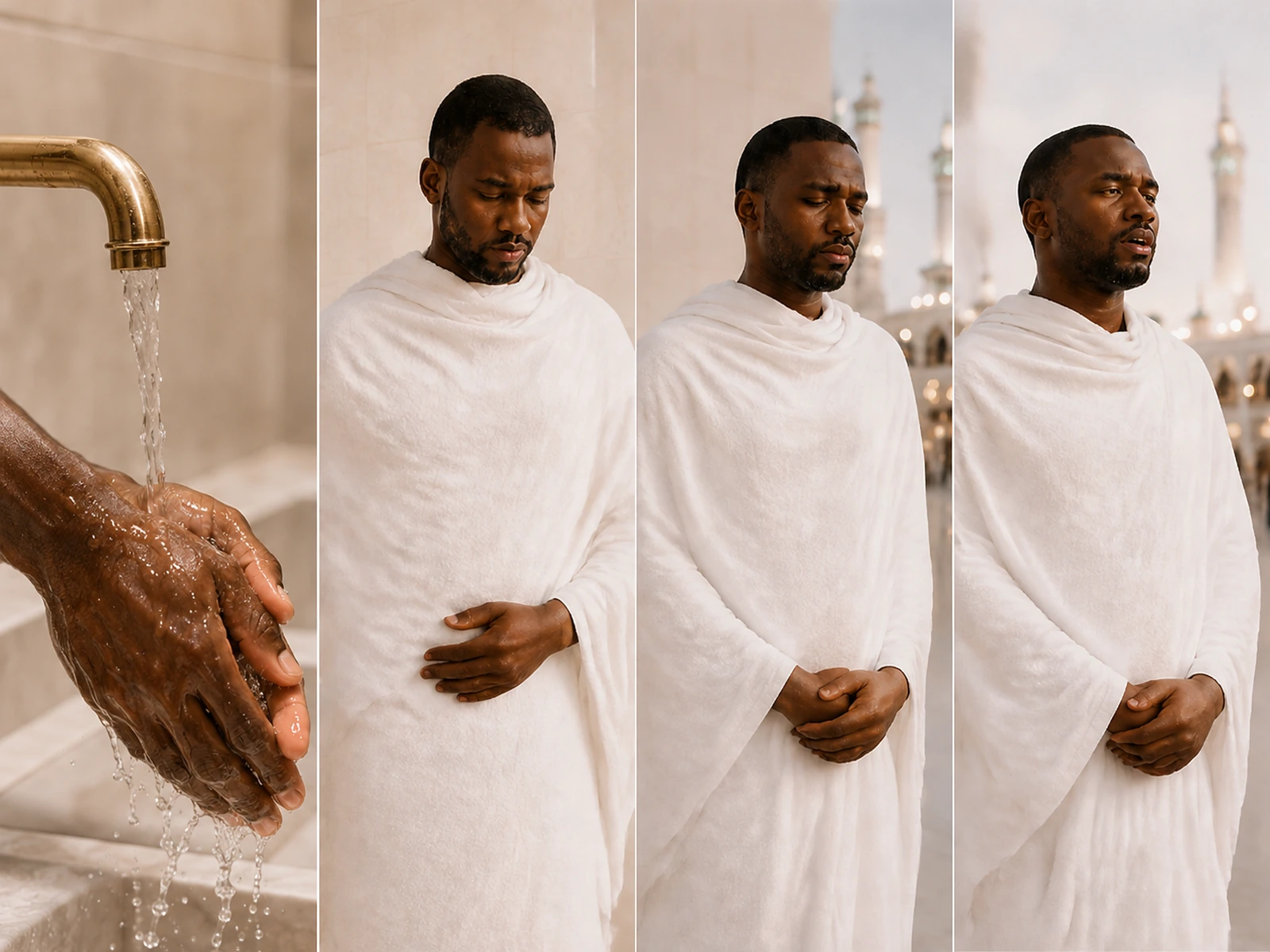 Black African male pilgrim preparing for Ihram through ghusl, wearing Ihram, making intention and reciting Talbiyah