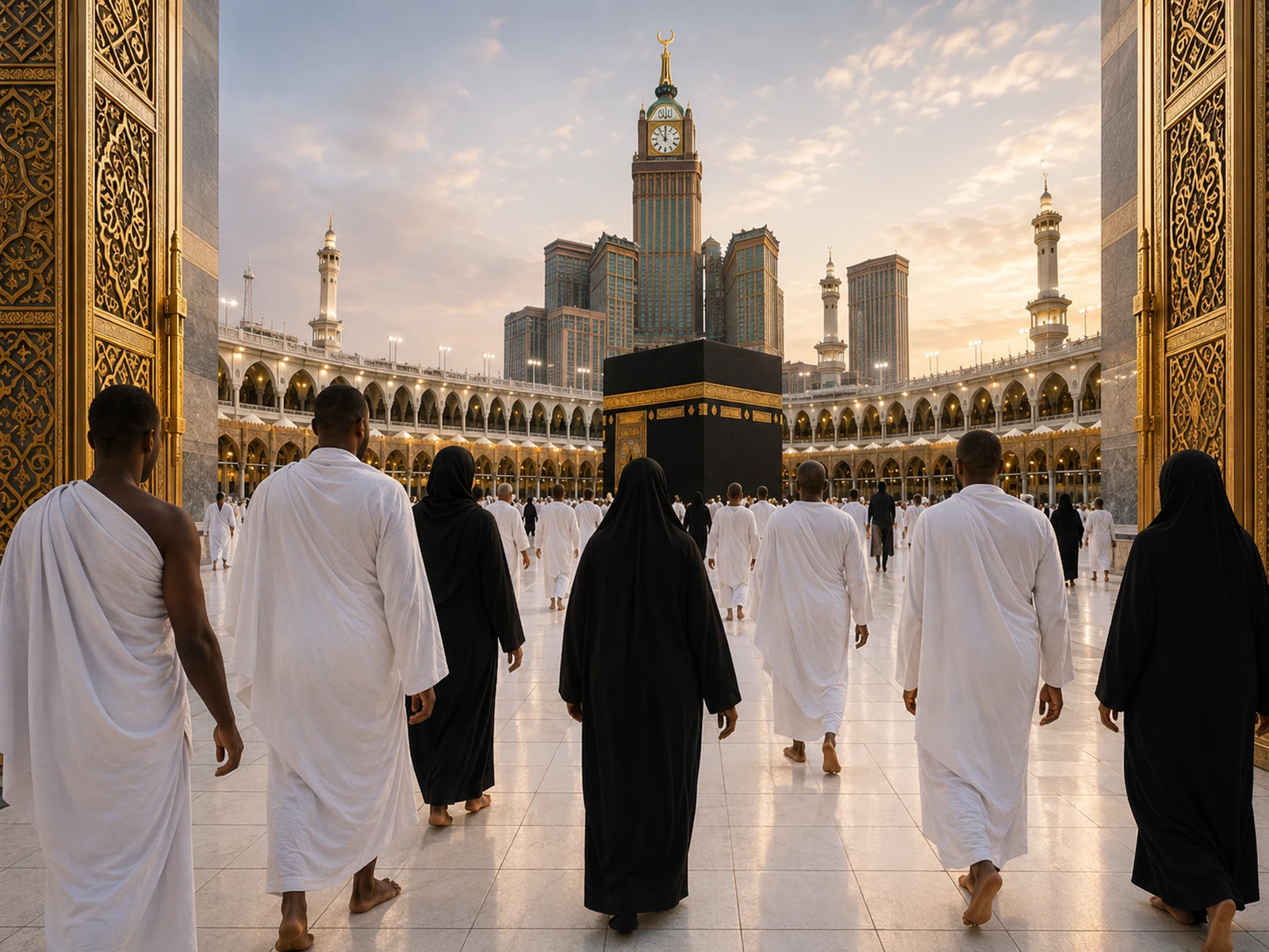 Black African pilgrims entering Masjid Al-Haram together with the Kaaba ahead