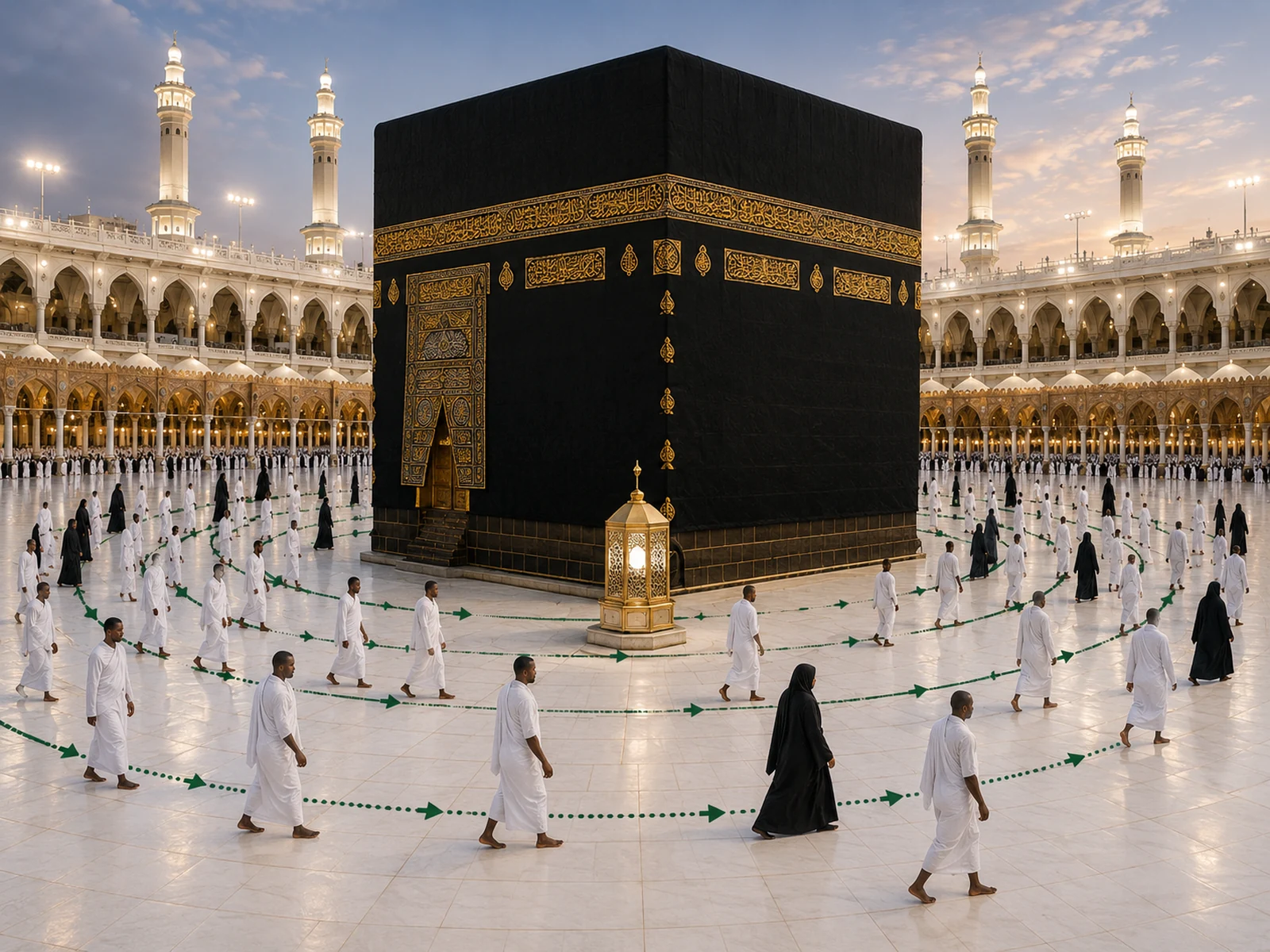 Black African pilgrims performing Tawaf around the Kaaba following the anti-clockwise route
