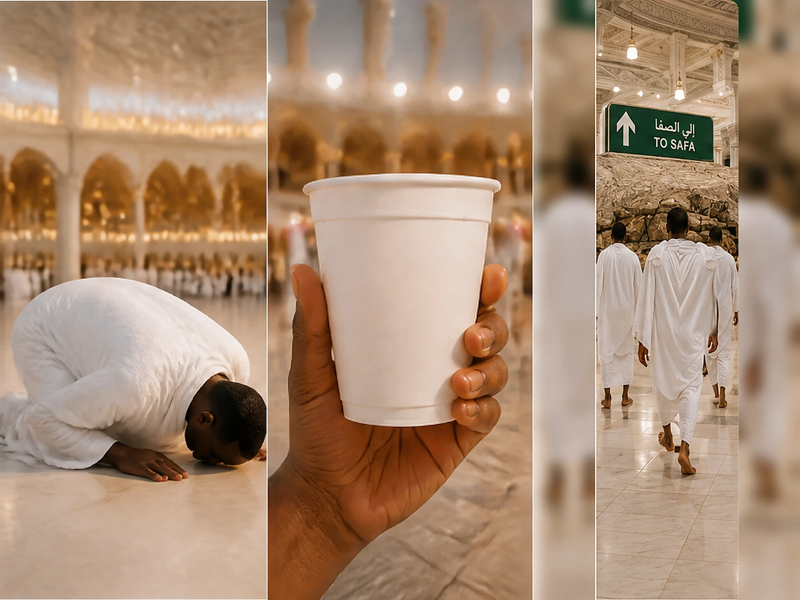 Black African pilgrim praying, drinking Zamzam and proceeding toward Safa