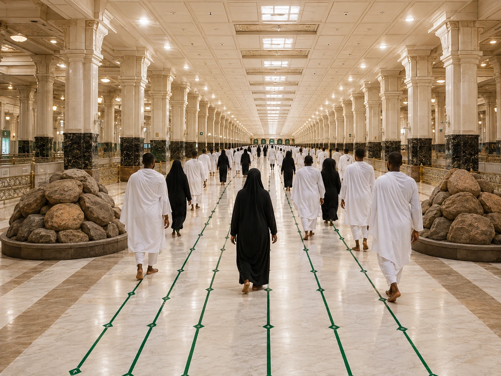 Black African pilgrims walking the Sa'i route between Safa and Marwah