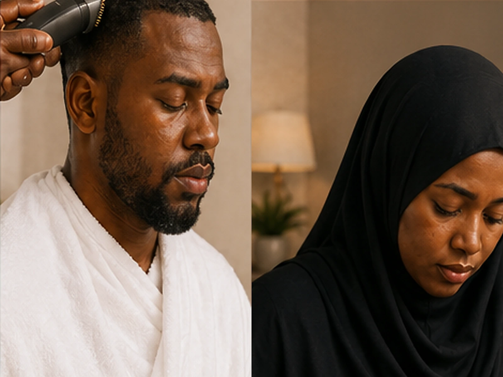 Black African pilgrims completing Umrah by shaving or trimming the hair with modest dress maintained